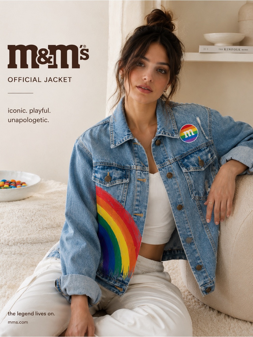 M&M’s Rainbow Denim Jacket Size L Distressed Colorful Graphic Cotton Denim
